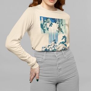 Japanese Waterfall VTG Ukyio-e Print Long Sleeve Graphic Tee T-shirt S M L XL